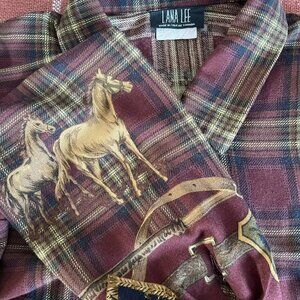 LANA LEE plaid blouse equestrian horse print in pecan brown sepia W. size M.